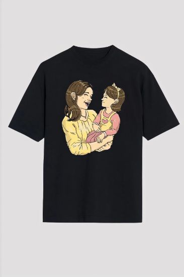 Anneler Gününe Özel Tasarım Anne Kız Baskılı T-shirt - Siyah resmi